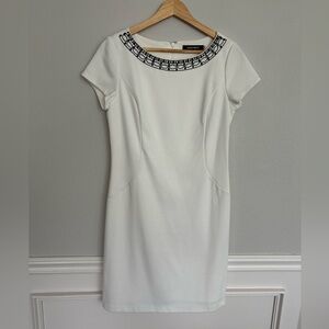 Ellen Tracy Cream Shift Dress with Black Beaded Trim